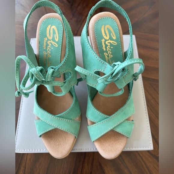 NWOT Sbicca Vintage Teal Blue Suede Faux Wood Heel Criss Criss Tie Heel Size 9 - Picture 2 of 11